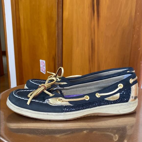 Sperry Black and Gold Boat Shoes Leather Laces - Picture 5 of 13